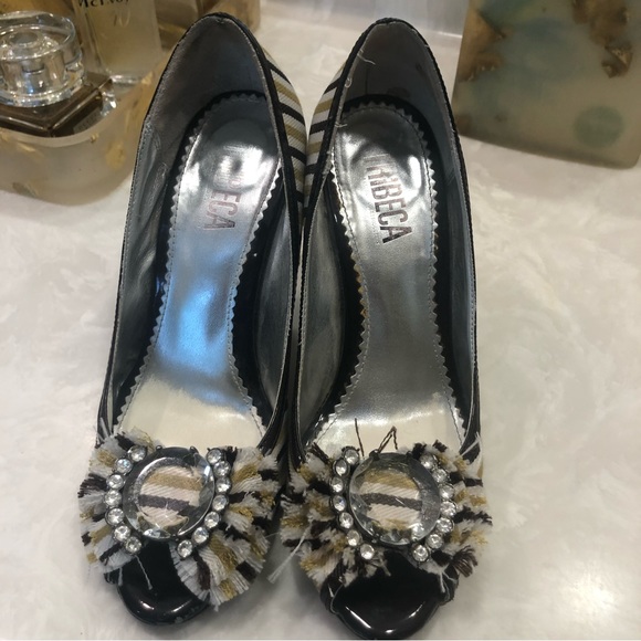 Tribeca peep-toe pumps, large rhinestone bling, white, gold, brown stripes, Sz 7 - Picture 5 of 13